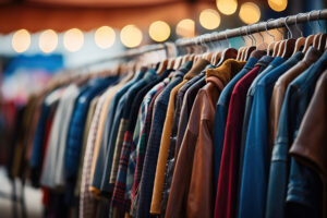 A rack of second-hand clothes with many different styles of jackets hanging from the rail.