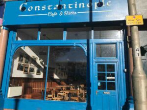 The front of Constantinople's restaurant. The front is painted blue.