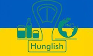 Hunglish's Logo of a set of scales, with the world on one side and some grocery items on the left, superimposed upon a blue and yellow background